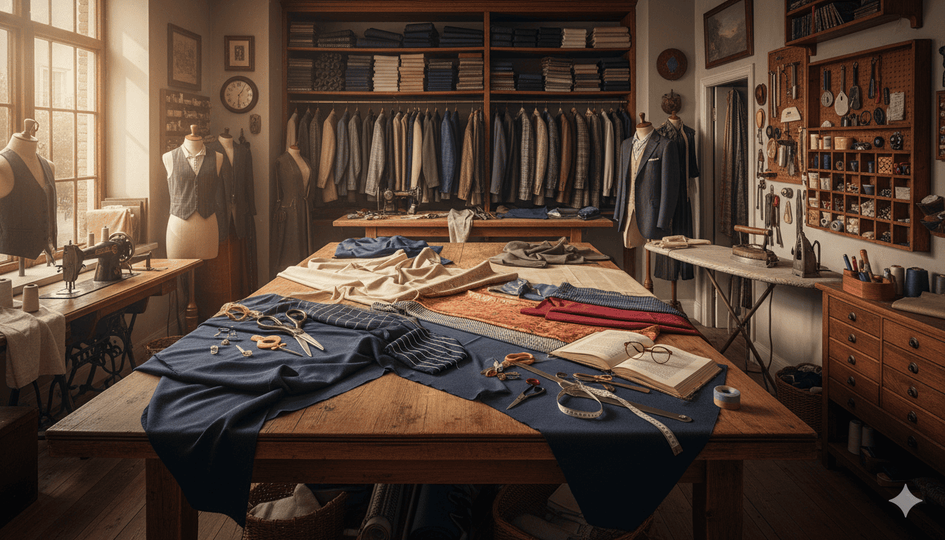 Tailor workshop with fabric and tools